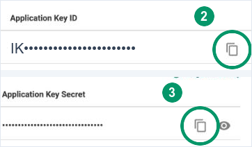 The copy buttons next to the Application Key ID and the Application Key Secret, circled