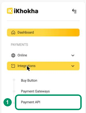 The iK Dashboard menu with Integrations open and Payment API circled